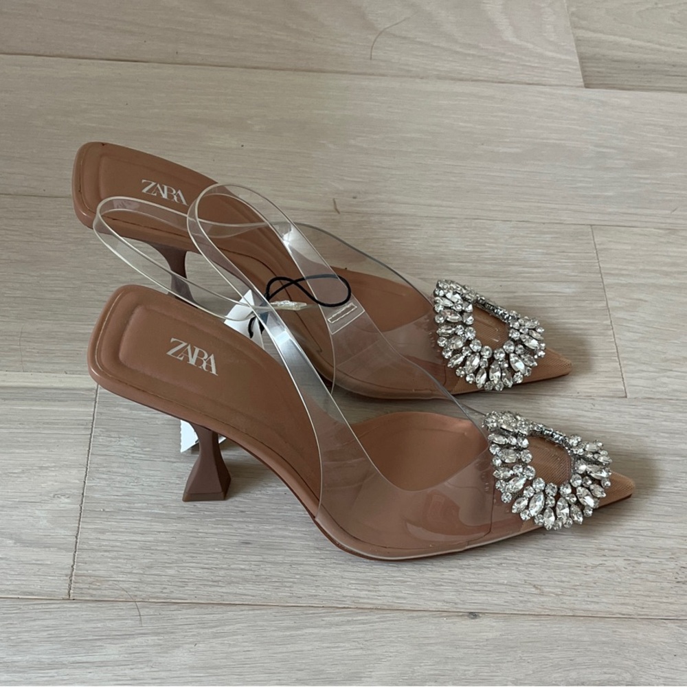 New Zara Stunning Neutral and Clear Pointed Heels with Sparkling Embellishment